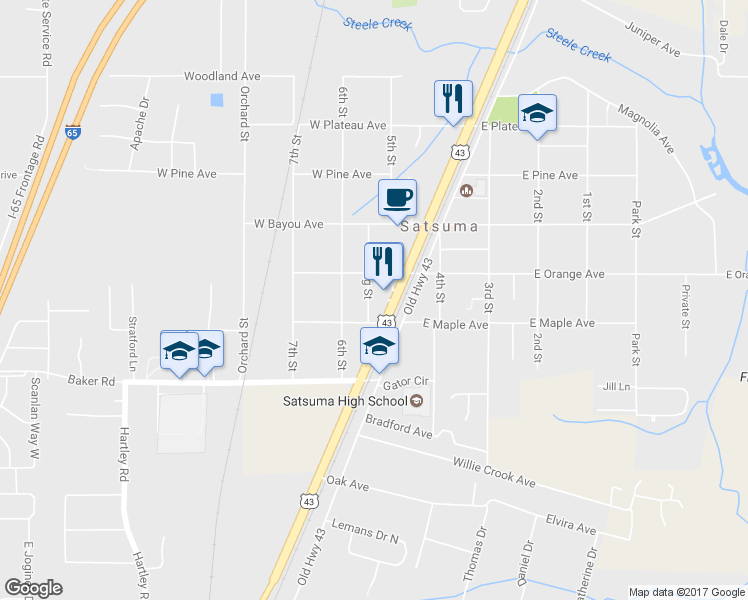 map of restaurants, bars, coffee shops, grocery stores, and more near 5510 Darring Avenue in Satsuma