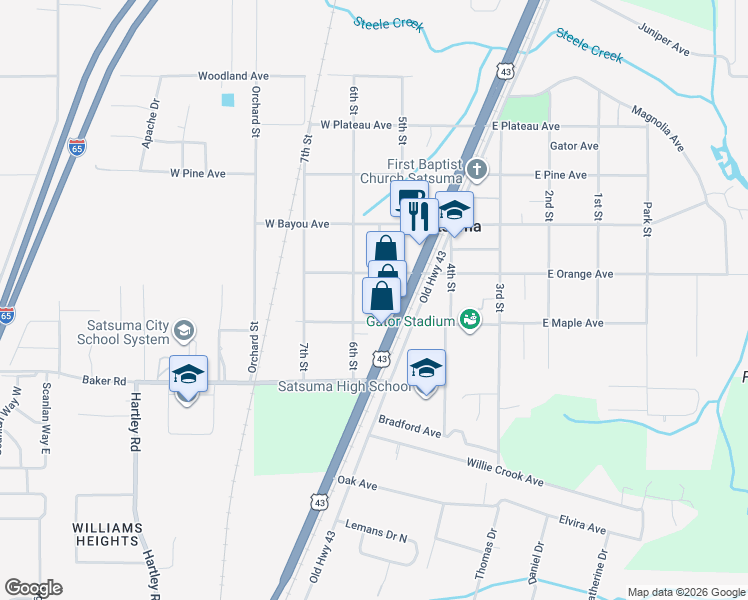 map of restaurants, bars, coffee shops, grocery stores, and more near 5510 Darring Avenue in Satsuma