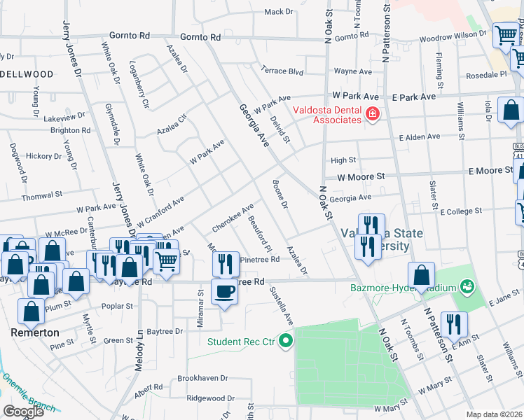 map of restaurants, bars, coffee shops, grocery stores, and more near 1716 Azalea Drive in Valdosta