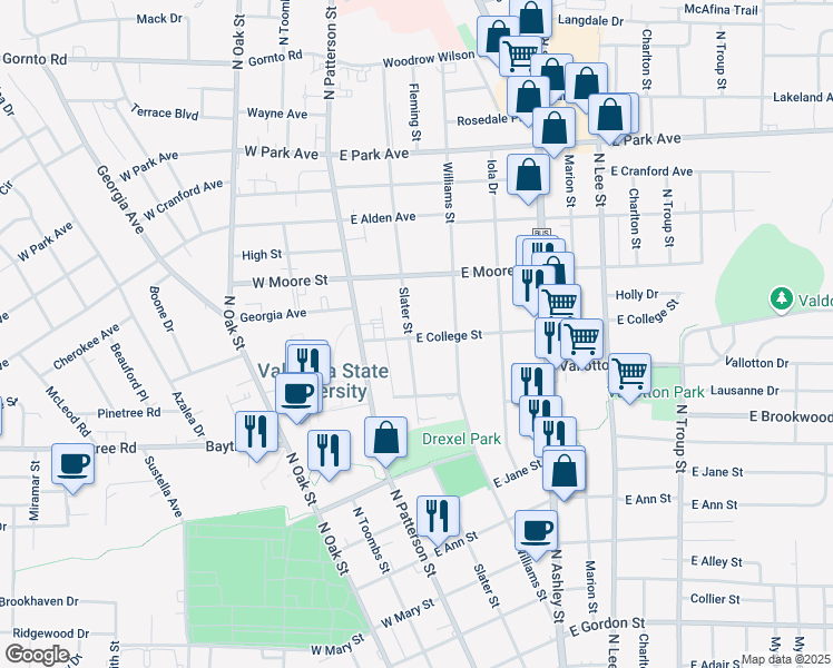 map of restaurants, bars, coffee shops, grocery stores, and more near 108 East College Street in Valdosta