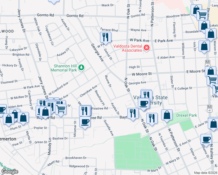 map of restaurants, bars, coffee shops, grocery stores, and more near 1614 Boone Drive in Valdosta