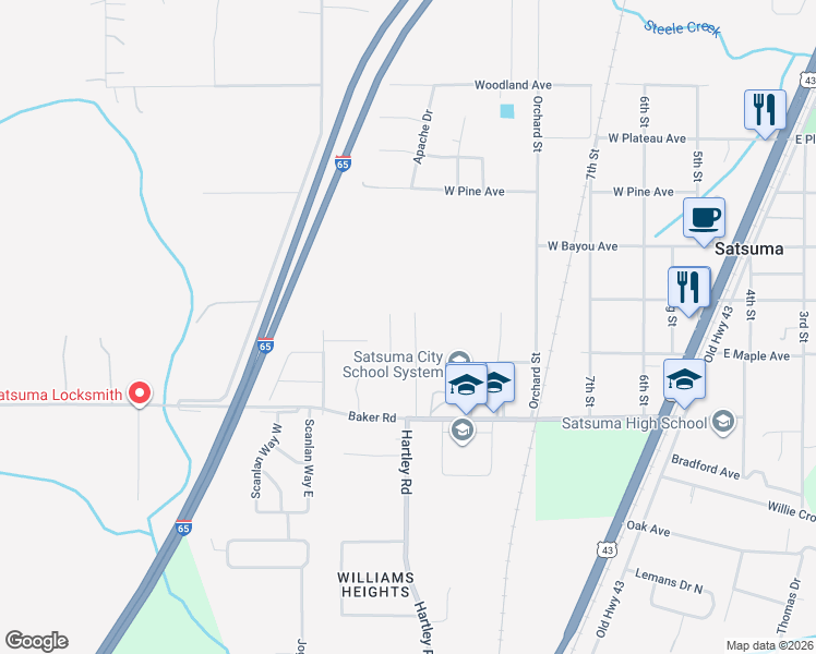 map of restaurants, bars, coffee shops, grocery stores, and more near 5505 Stratford Lane in Satsuma