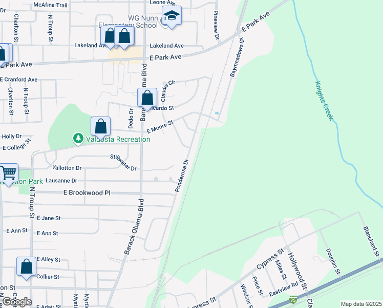 map of restaurants, bars, coffee shops, grocery stores, and more near 1221 Ponderosa Drive in Valdosta