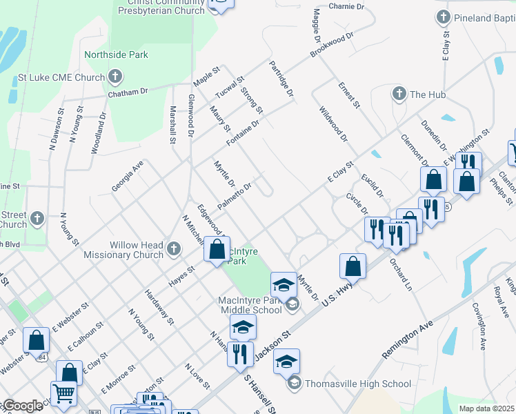 map of restaurants, bars, coffee shops, grocery stores, and more near 312 Myrtle Drive in Thomasville