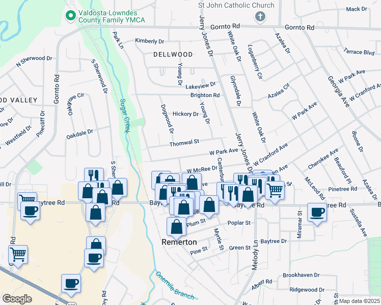 map of restaurants, bars, coffee shops, grocery stores, and more near 1216 West Park Avenue in Valdosta