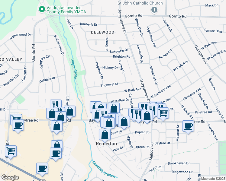 map of restaurants, bars, coffee shops, grocery stores, and more near 1220 West Park Avenue in Valdosta