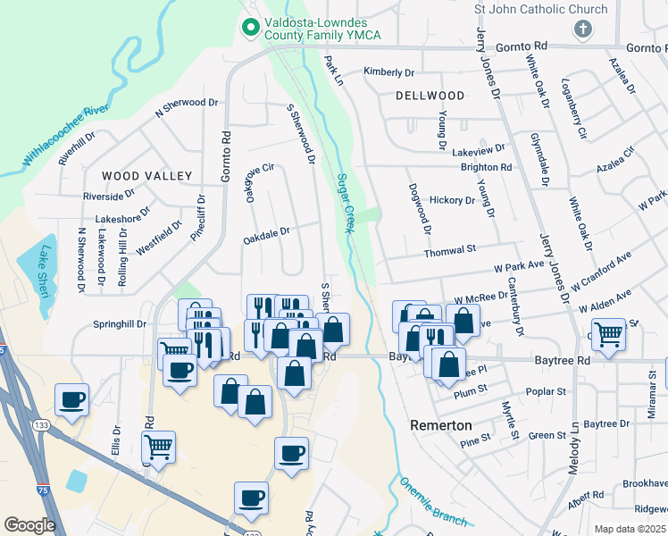 map of restaurants, bars, coffee shops, grocery stores, and more near 4 Westbrook Circle in Valdosta