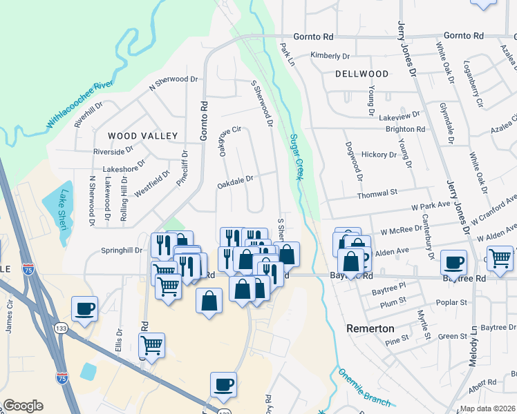 map of restaurants, bars, coffee shops, grocery stores, and more near 2108 Northwood Cir in Valdosta