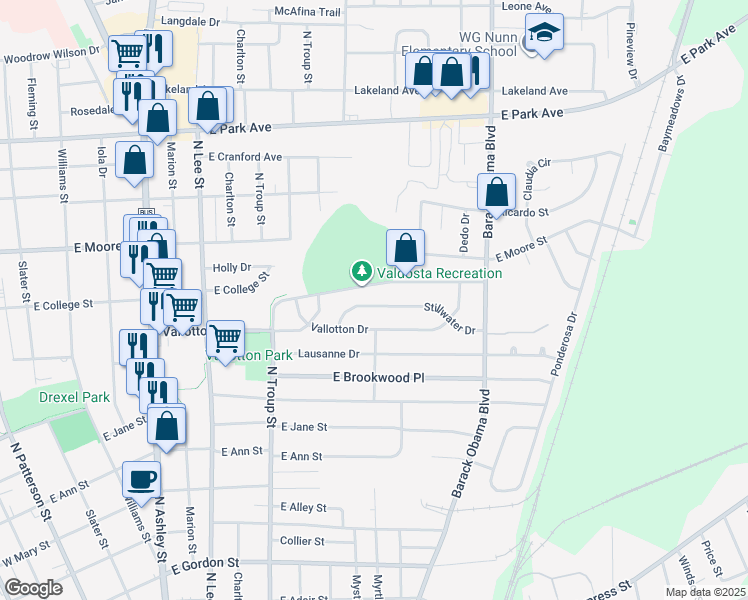 map of restaurants, bars, coffee shops, grocery stores, and more near 734 Stillwater Drive in Valdosta