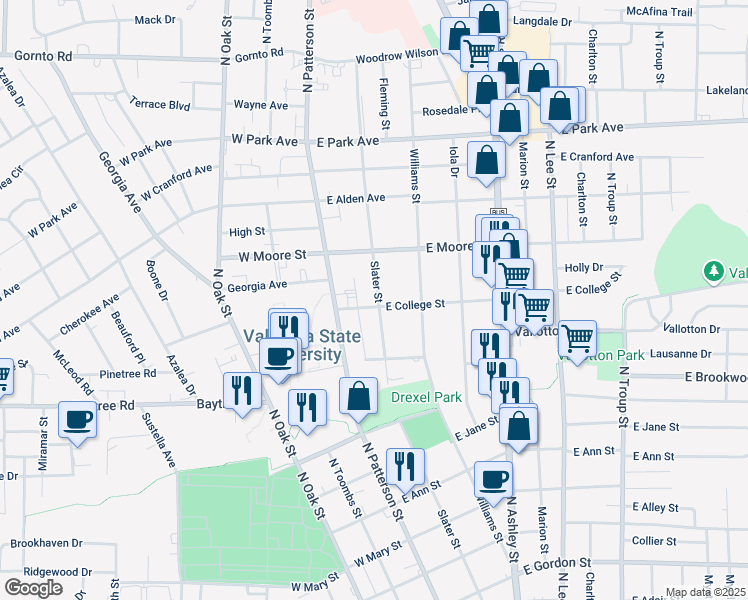 map of restaurants, bars, coffee shops, grocery stores, and more near 108 East College Street in Valdosta