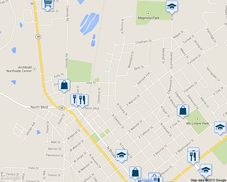 map of restaurants, bars, coffee shops, grocery stores, and more near 829 North Young Street in Thomasville