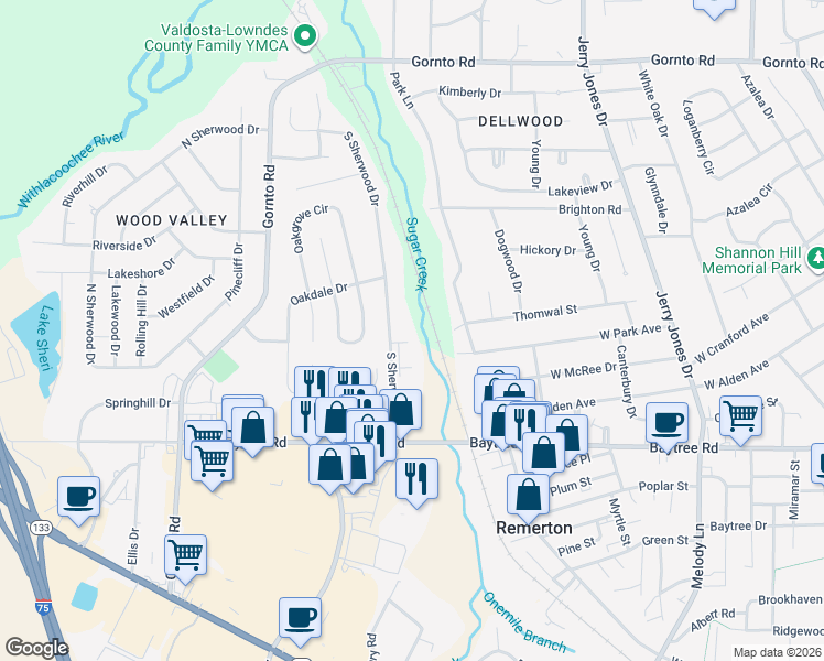 map of restaurants, bars, coffee shops, grocery stores, and more near 6 Westbrook Circle in Valdosta