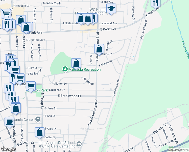 map of restaurants, bars, coffee shops, grocery stores, and more near 1508 North Forrest Street in Valdosta