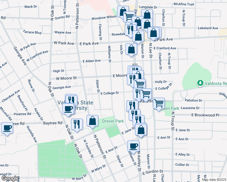 map of restaurants, bars, coffee shops, grocery stores, and more near 302 East College Street in Valdosta
