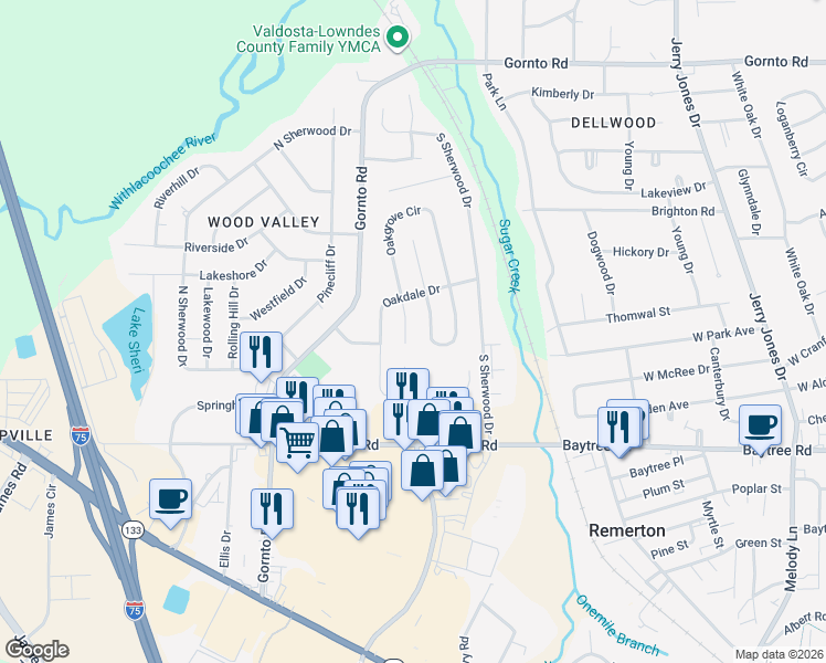map of restaurants, bars, coffee shops, grocery stores, and more near 2105 Oakgrove Circle in Valdosta
