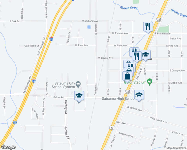 map of restaurants, bars, coffee shops, grocery stores, and more near 5495 Orchard Street in Satsuma