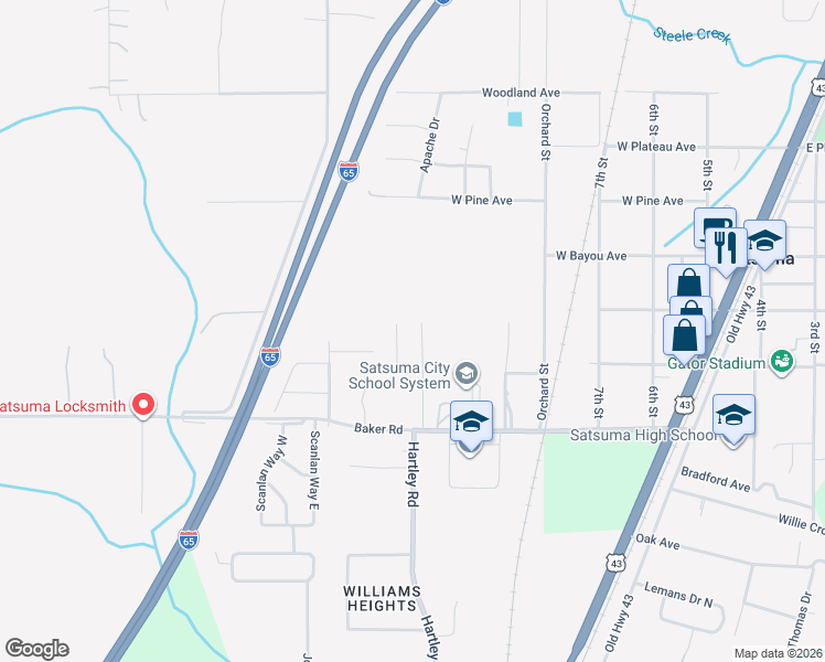 map of restaurants, bars, coffee shops, grocery stores, and more near 5509 Stratford Lane in Satsuma