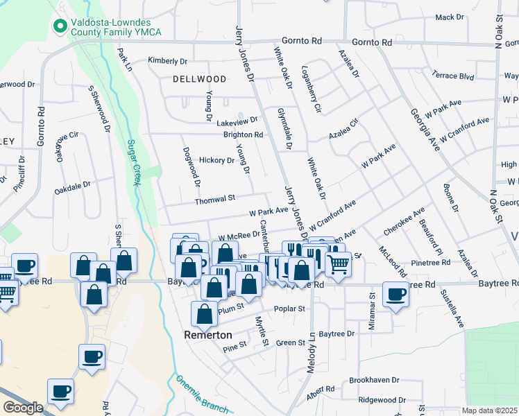 map of restaurants, bars, coffee shops, grocery stores, and more near 1202 West Park Avenue in Valdosta
