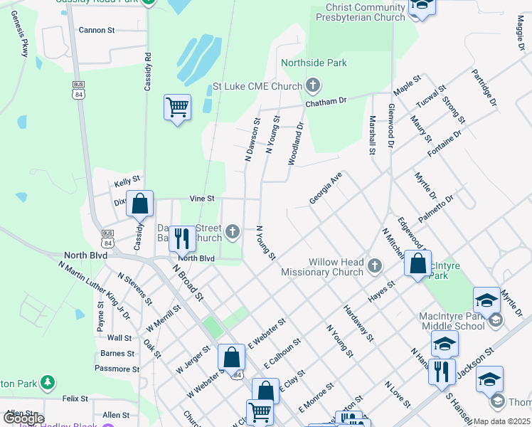 map of restaurants, bars, coffee shops, grocery stores, and more near 830 North Young Street in Thomasville