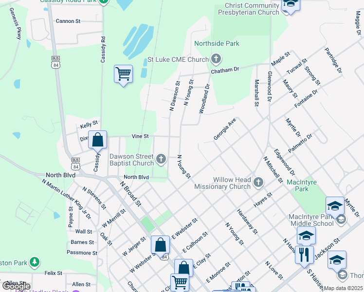 map of restaurants, bars, coffee shops, grocery stores, and more near 830 North Young Street in Thomasville