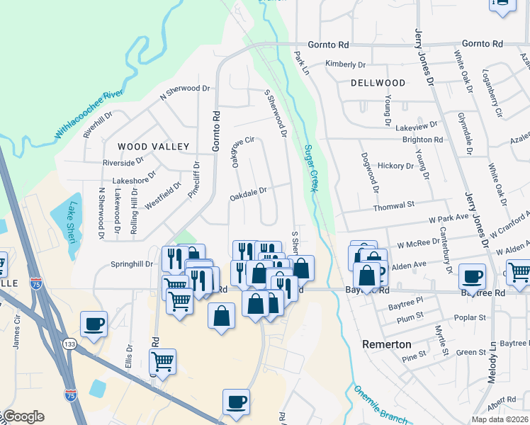 map of restaurants, bars, coffee shops, grocery stores, and more near 2108 Northwood Circle in Valdosta