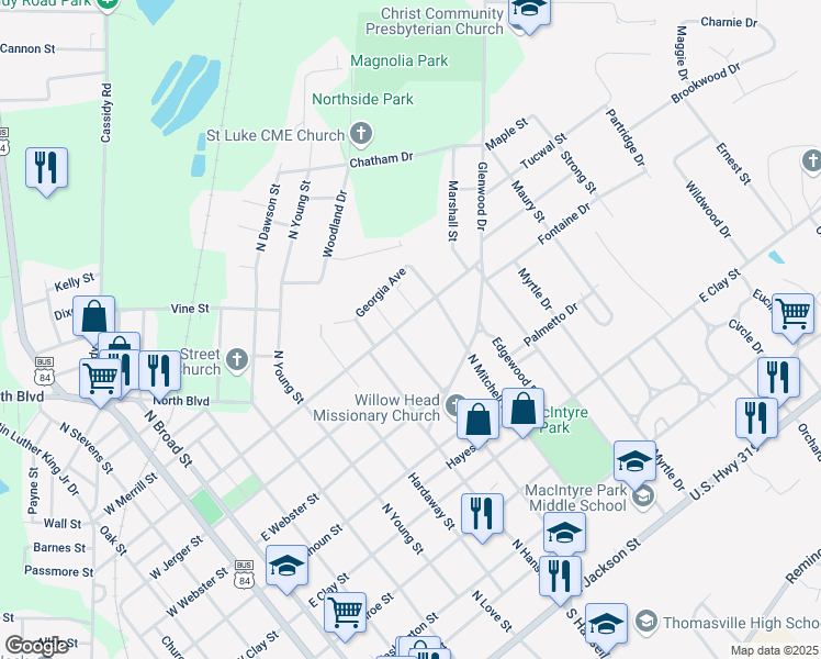 map of restaurants, bars, coffee shops, grocery stores, and more near 612 East Walcott Street in Thomasville
