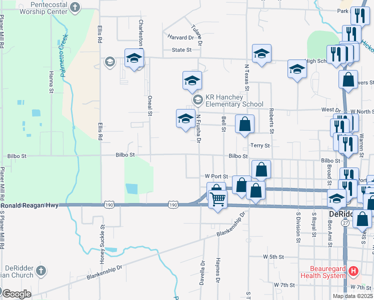 map of restaurants, bars, coffee shops, grocery stores, and more near 415 North Frusha Drive in DeRidder