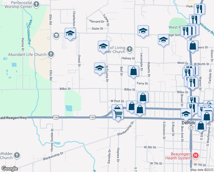map of restaurants, bars, coffee shops, grocery stores, and more near 415 North Frusha Drive in DeRidder