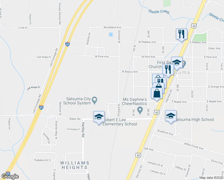map of restaurants, bars, coffee shops, grocery stores, and more near 5500 Timberland Drive in Satsuma
