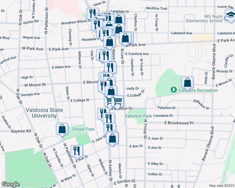map of restaurants, bars, coffee shops, grocery stores, and more near 1518 North Lee Street in Valdosta