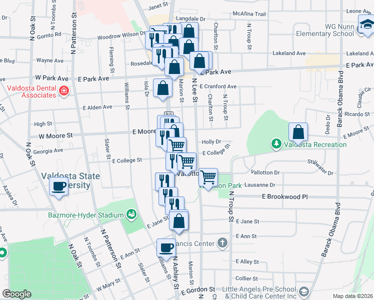 map of restaurants, bars, coffee shops, grocery stores, and more near 1518 North Lee Street in Valdosta
