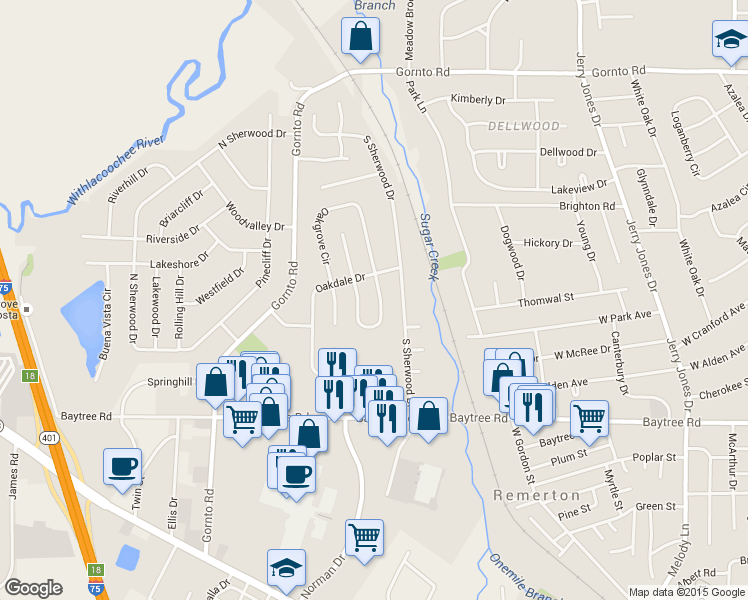 map of restaurants, bars, coffee shops, grocery stores, and more near 2104 Northwood Circle in Valdosta