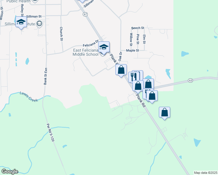 map of restaurants, bars, coffee shops, grocery stores, and more near 9800 Plank Road in Clinton
