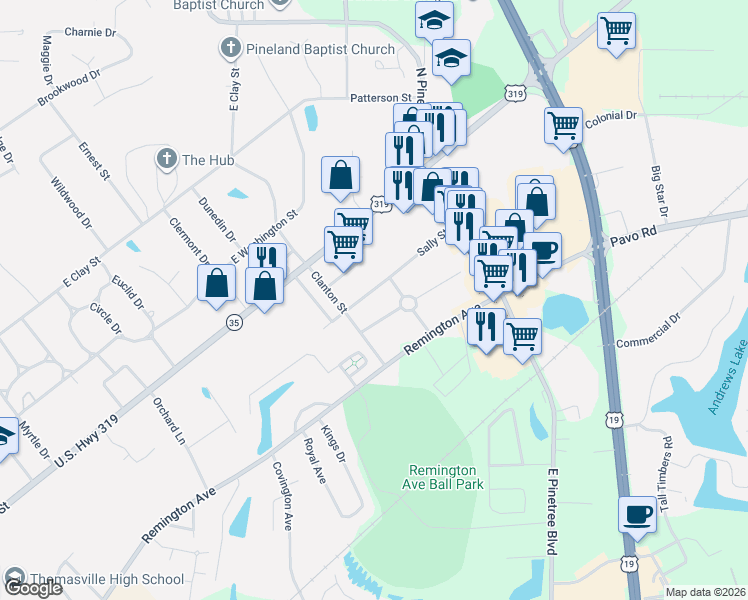 map of restaurants, bars, coffee shops, grocery stores, and more near 1412 Sally Street in Thomasville