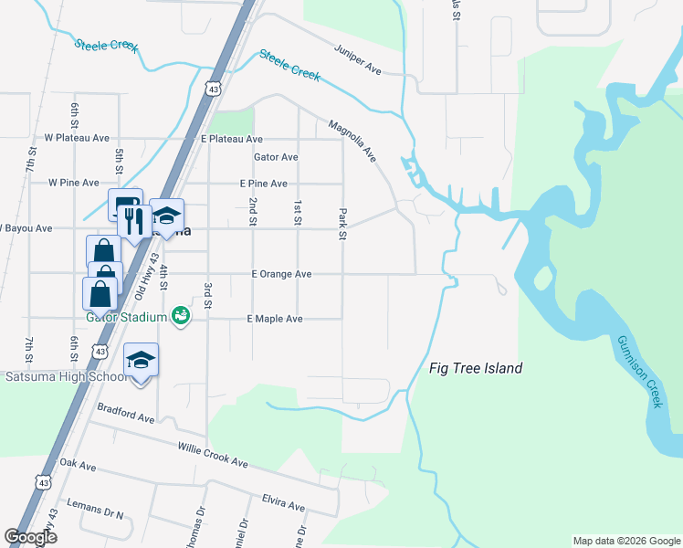 map of restaurants, bars, coffee shops, grocery stores, and more near 249 East Orange Avenue in Satsuma