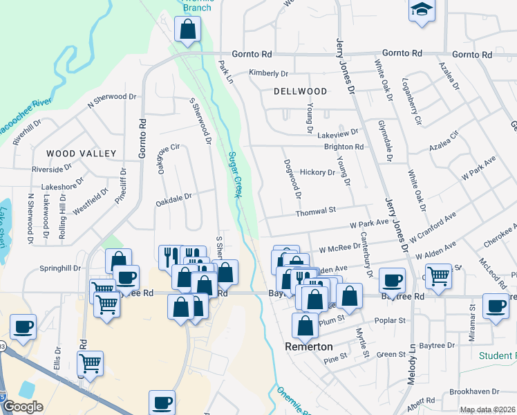 map of restaurants, bars, coffee shops, grocery stores, and more near 2113 Park Lane in Valdosta