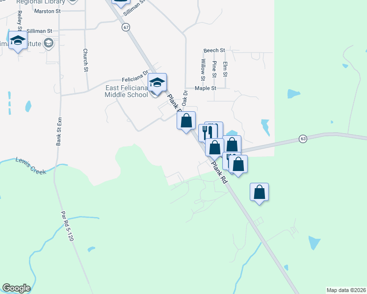 map of restaurants, bars, coffee shops, grocery stores, and more near 9810 Louisiana 67 in Clinton