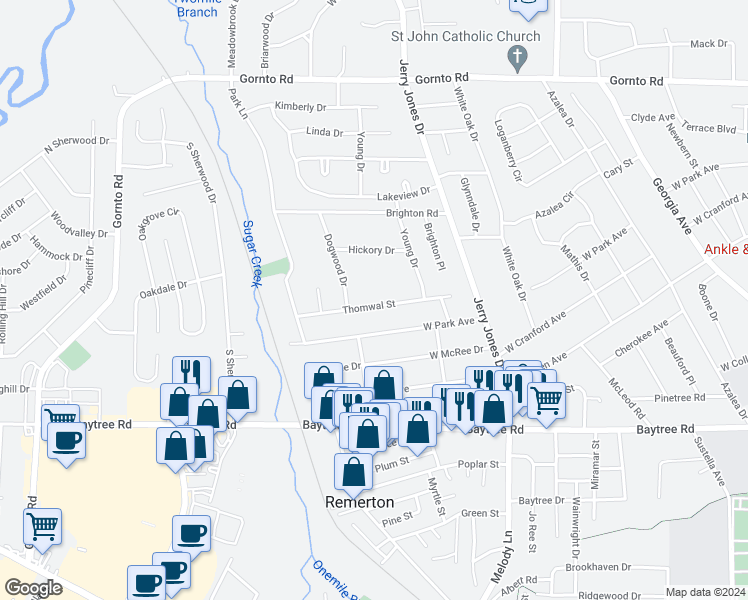 map of restaurants, bars, coffee shops, grocery stores, and more near 1216 Thomwal Street in Valdosta