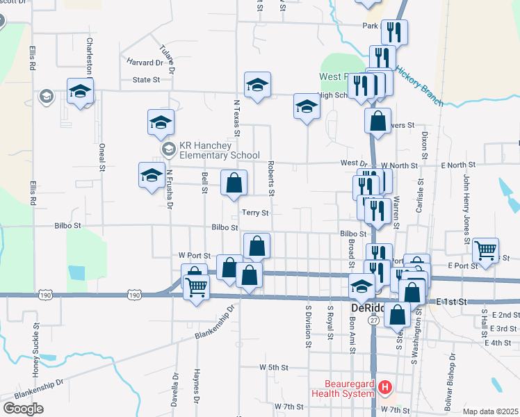 map of restaurants, bars, coffee shops, grocery stores, and more near 519 Roberts Street in DeRidder