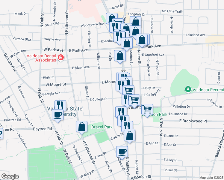 map of restaurants, bars, coffee shops, grocery stores, and more near 1614 Iola Drive in Valdosta