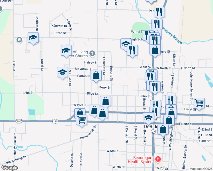 map of restaurants, bars, coffee shops, grocery stores, and more near 519 Roberts Street in DeRidder