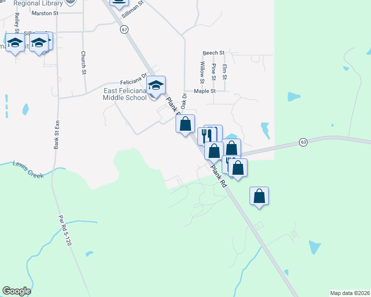 map of restaurants, bars, coffee shops, grocery stores, and more near 9810 Louisiana 67 in Clinton
