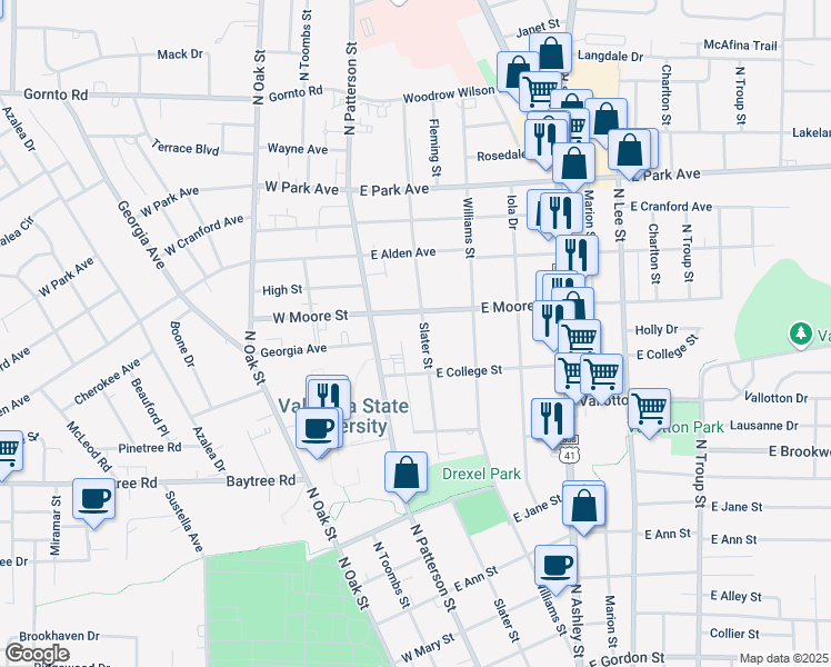 map of restaurants, bars, coffee shops, grocery stores, and more near 1610 Slater Street in Valdosta