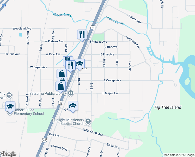 map of restaurants, bars, coffee shops, grocery stores, and more near 111 East Orange Avenue in Satsuma