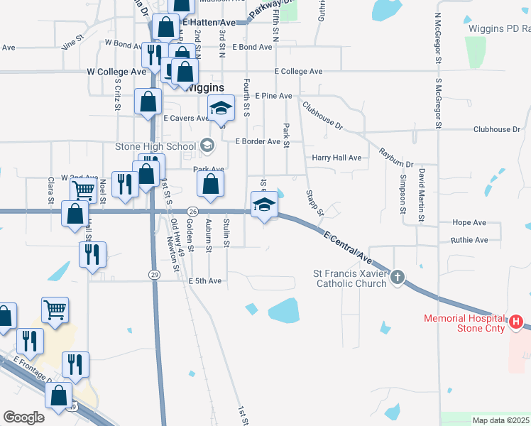 map of restaurants, bars, coffee shops, grocery stores, and more near 532 East Central Avenue in Wiggins