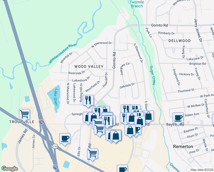 map of restaurants, bars, coffee shops, grocery stores, and more near 2115 Pinecliff Drive in Valdosta