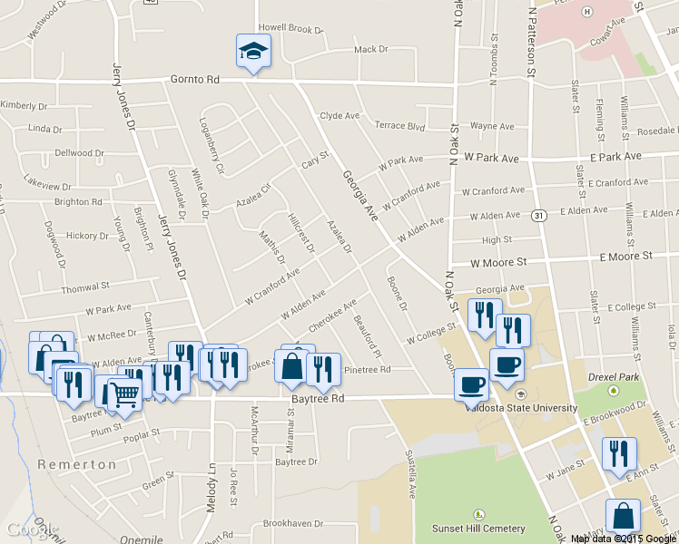 map of restaurants, bars, coffee shops, grocery stores, and more near 608 West Alden Avenue in Valdosta