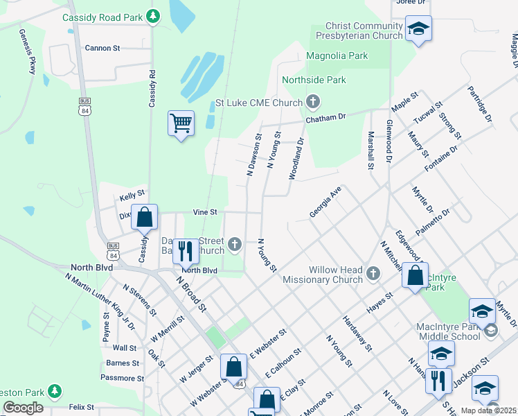 map of restaurants, bars, coffee shops, grocery stores, and more near 102 Vine Street in Thomasville