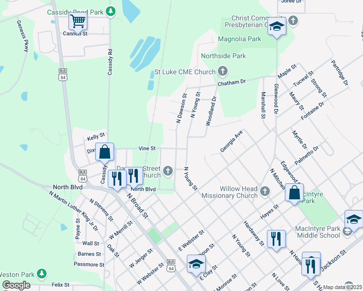 map of restaurants, bars, coffee shops, grocery stores, and more near 102 Vine Street in Thomasville