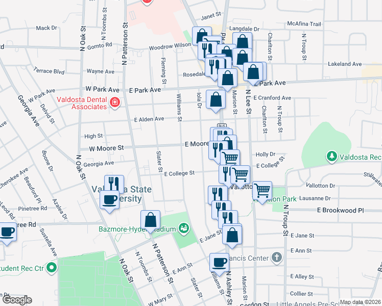 map of restaurants, bars, coffee shops, grocery stores, and more near 1613 Williams Street in Valdosta